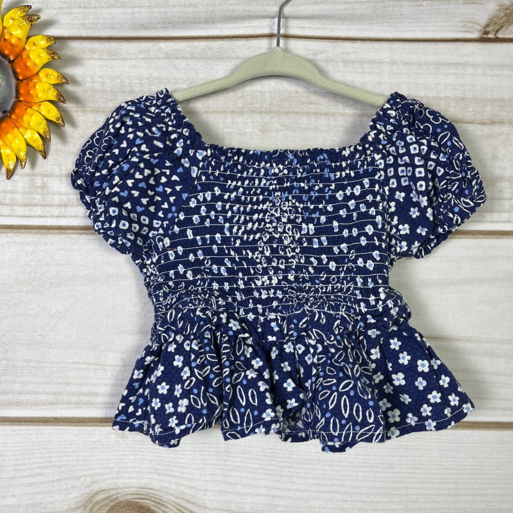 Mayoral navy‎ Smocked Peplum Top Floral Print Square Neck Short Sleeve 6 girls